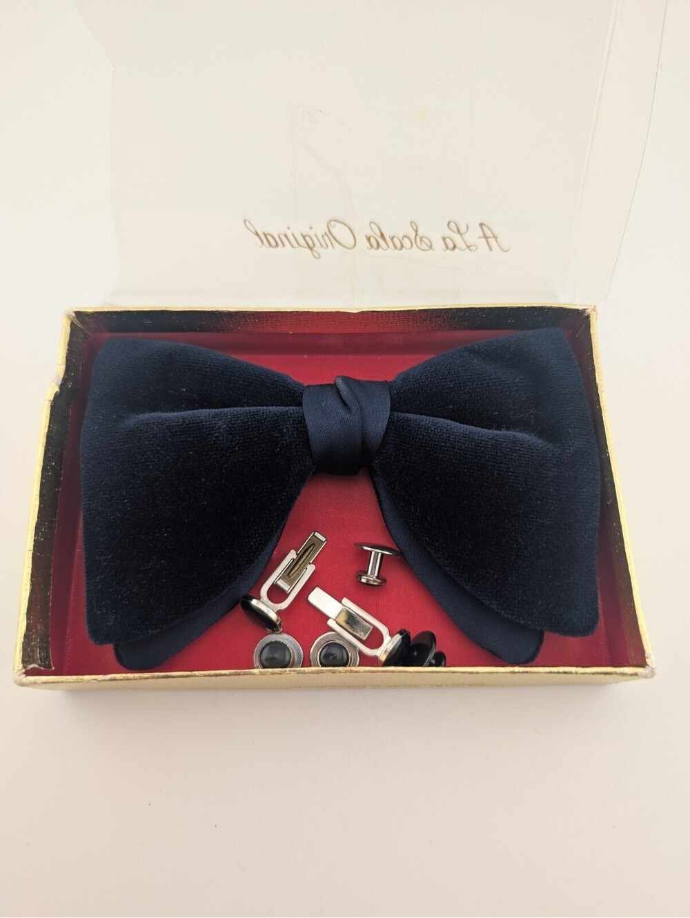 Vintage La Scala Blue Velvet Bow Tie Clip-on Plus Cufflinks For Men's Tuxedo